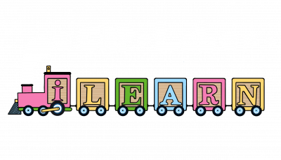 A toy train pulling blocks that spell out "iLearn".